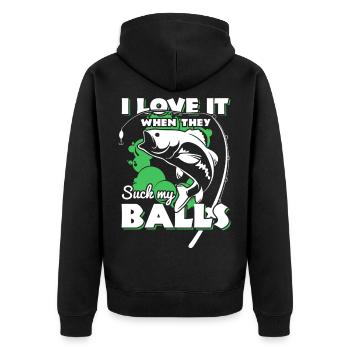 Angelwortspiel: Ich liebe es, wenn sie mir die Eier lutschen - Unisex Premium Bio Zip Hoodie - Schwarz - Hinten - Nico (187cm)
