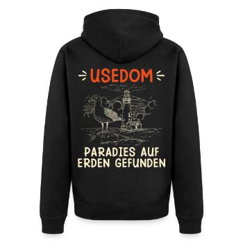USEDOM PARADIES AUF ERDEN GEFUNDEN Lustig - Unisex Premium Bio Zip Hoodie - Schwarz - Hinten - Nico (187cm)