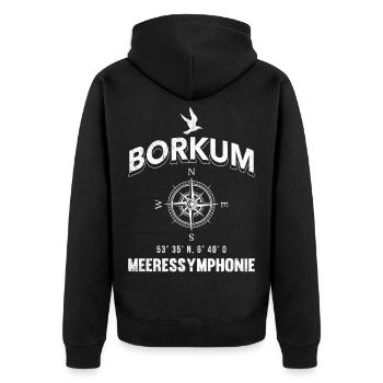 BORKUM MEERES SYMPHONIE Lustiges - Unisex Premium Bio Zip Hoodie - Schwarz - Hinten - Nico (187cm)
