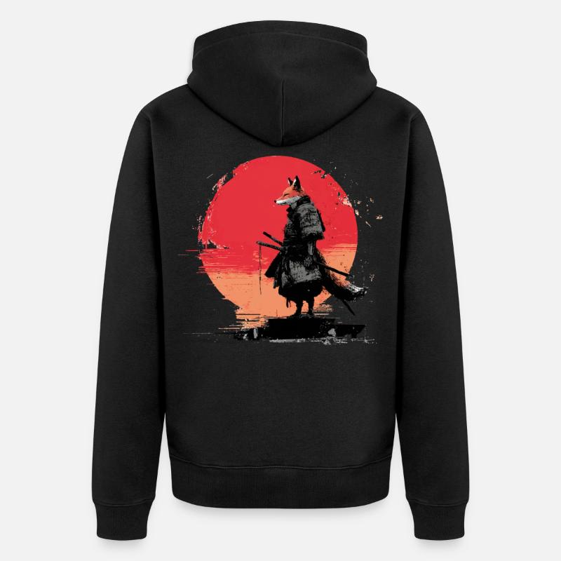 Fox Samurai au coucher du soleil - Veste à capuche bio Premium Unisexe - noir