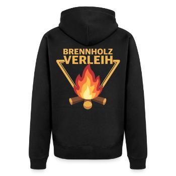 Brennholz Verleih Logo Flamme Sarkasmus - Unisex Premium Bio Zip Hoodie - Schwarz - Hinten - Nico (187cm)