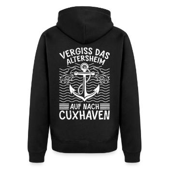 Rentner VERGISS DAS ALTERSHEIM AUF NACH CUXHAVEN - Unisex Premium Bio Zip Hoodie - Schwarz - Hinten - Nico (187cm)