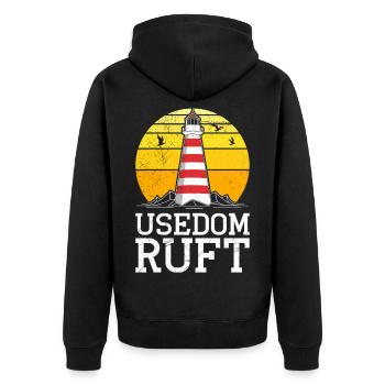 Insel USEDOM RUFT Ostsee Usedom Urlaub Lustig - Unisex Premium Bio Zip Hoodie - Schwarz - Hinten - Nico (187cm)