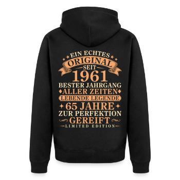Echtes Original seit 1961 – 65. Geburtstag - Unisex Premium Bio Zip Hoodie - Schwarz - Hinten - Nico (187cm)