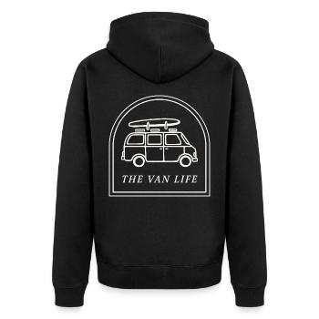 Vie en camping-car en road trip surf - Veste à capuche bio Premium Unisexe - noir - Dos - Nico (187cm)