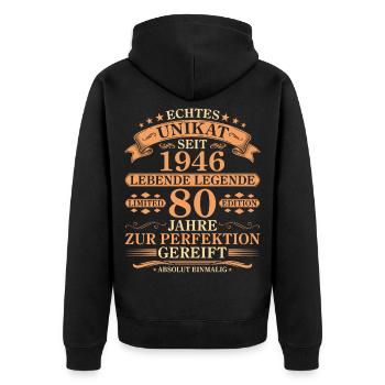 Unikat seit 1946 Jahrgang – 80. Geburtstag - Unisex Premium Bio Zip Hoodie - Schwarz - Hinten - Nico (187cm)