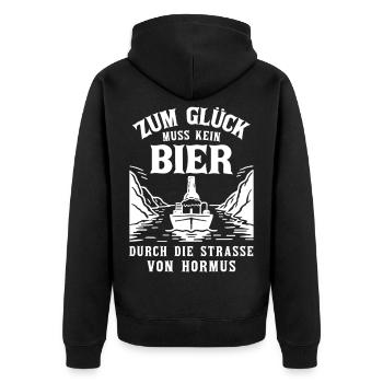 Bier Spruch Schiff  Strasse von Hormus - Unisex Premium Bio Zip Hoodie - Schwarz - Hinten - Nico (187cm)