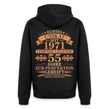 Unikat seit 1971 Jahrgang – 55. Geburtstag - Unisex Premium Bio Zip Hoodie - Schwarz - Hinten - Nico (187cm)