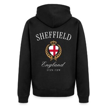 Sheffield England Wappen Krone – Reise Souvenir - Unisex Premium Bio Zip Hoodie - Schwarz - Hinten - Nico (187cm)