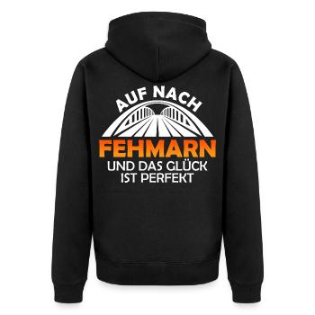 Ostsee AUF NACH FEHMARN UND GLÜCK IST PERFEKT - Unisex Premium Bio Zip Hoodie - Schwarz - Hinten - Nico (187cm)
