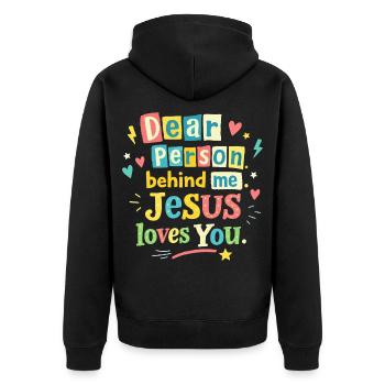 Jesus liebt dich positive Botschaft - Unisex Premium Bio Zip Hoodie - Schwarz - Hinten - Nico (187cm)