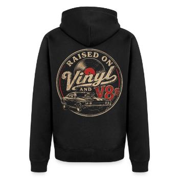 Leidenschaft für Vinyl- und V8-Autos - Unisex Premium Bio Zip Hoodie - Schwarz - Hinten - Nico (187cm)