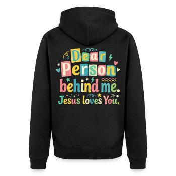 Jesus liebt dich positive Botschaft - Unisex Premium Bio Zip Hoodie - Schwarz - Hinten - Nico (187cm)