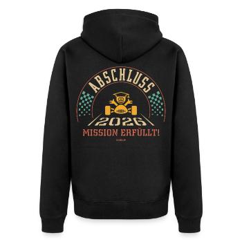 Abschluss 2026 – Mission Erfüllt! Zieleinfahrt 4C - Unisex Premium Bio Zip Hoodie - Schwarz - Hinten - Nico (187cm)