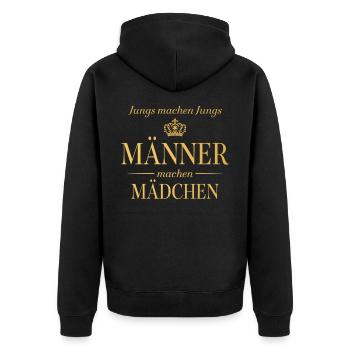 Jungs machen Jungs – Männer machen Mädchen - Unisex Premium Bio Zip Hoodie - Schwarz - Hinten - Nico (187cm)