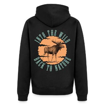 Into the Wild Moose Vintage Naturkunst - Unisex Premium Bio Zip Hoodie - Schwarz - Hinten - Nico (187cm)