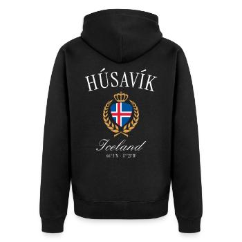 Húsavík Island Coat of Arms Crown – Travel Souvenir - Unisex Premium Organic Zip Hoodie - black - Back - Nico (187cm)
