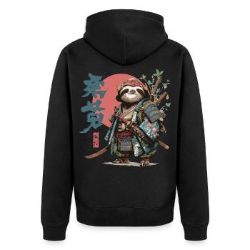 Samurai-Faultier-Krieger - Unisex Premium Bio Zip Hoodie - Schwarz - Hinten - Nico (187cm)