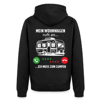 Mein Wohnwagen ruft an und ich muss gehen campen - Unisex Premium Bio Zip Hoodie - Schwarz - Hinten - Nico (187cm)