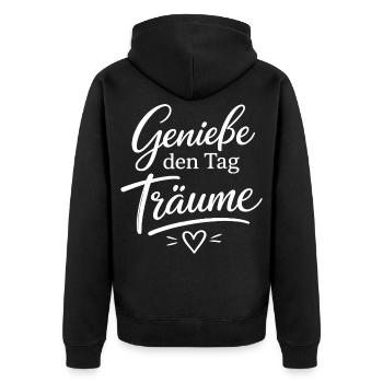 Genieße den Tag Träume - Unisex Premium Bio Zip Hoodie - Schwarz - Hinten - Nico (187cm)