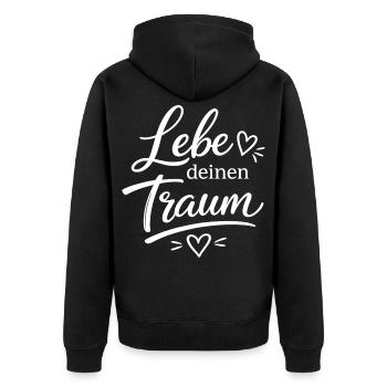 Lebe Deinen Traum Schriftzug - Unisex Premium Bio Zip Hoodie - Schwarz - Hinten - Nico (187cm)