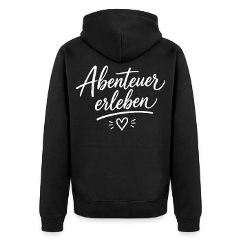 Abenteuer erleben im Herzstil - Unisex Premium Bio Zip Hoodie - Schwarz - Hinten - Nico (187cm)
