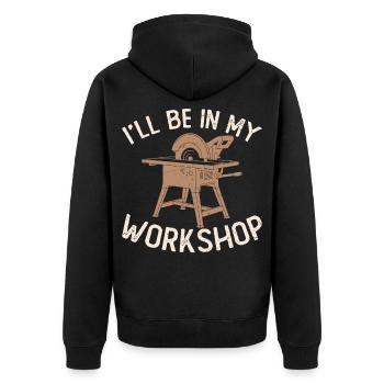 Je reste à l’atelier, atelier artisan - Veste à capuche bio Premium Unisexe - noir - Dos - Nico (187cm)