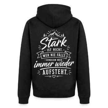Stark durch Aufstehen Zitat - Unisex Premium Bio Zip Hoodie - Schwarz - Hinten - Nico (187cm)