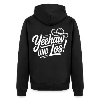 Yeehaw und Los! Western Script - Unisex Premium Bio Zip Hoodie - Schwarz - Hinten - Nico (187cm)