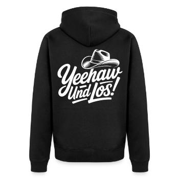 Yeahhaw Und Los! Cowboy Stil - Unisex Premium Bio Zip Hoodie - Schwarz - Hinten - Nico (187cm)