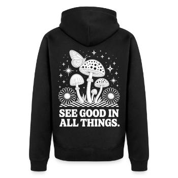 Pilz T-Shirt mit Schmetterling Spirituelles Motiv - Unisex Premium Bio Zip Hoodie - Schwarz - Hinten - Nico (187cm)