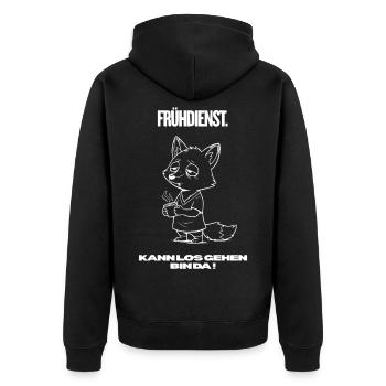 Frühdienst Fuchs T-Shirt – Kann losgehen Bin da - Unisex Premium Bio Zip Hoodie - Schwarz - Hinten - Nico (187cm)