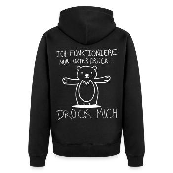 Ich Funktioniere Nur Unter Druck – Drück Mich - Unisex Premium Bio Zip Hoodie - Schwarz - Hinten - Nico (187cm)