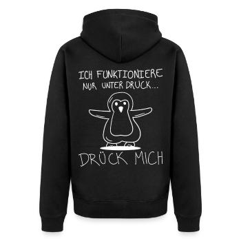 Pinguin Lustig – Unter Druck Spruch - Unisex Premium Bio Zip Hoodie - Schwarz - Hinten - Nico (187cm)
