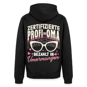 Zertifizierte Profi-Oma Bezahlt In Umarmungen - Unisex Premium Bio Zip Hoodie - Schwarz - Hinten - Nico (187cm)