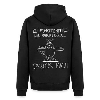 Ich funktioniere nur unter Druck – Büro Humor - Unisex Premium Bio Zip Hoodie - Schwarz - Hinten - Nico (187cm)