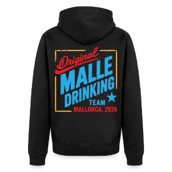 Malle 2026 Drinking Team Mallorca 2026 - Unisex Premium Bio Zip Hoodie - Schwarz - Hinten - Nico (187cm)