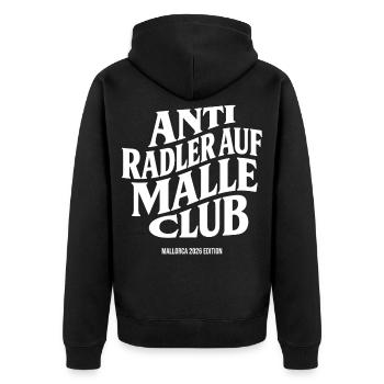Malle 2026 Anti Radler auf Malle Club 2026 - Unisex Premium Bio Zip Hoodie - Schwarz - Hinten - Nico (187cm)