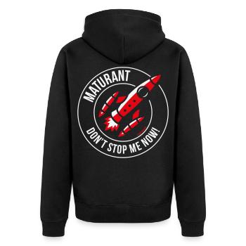 Maturant – Don’t Stop Me Now! (Matura / NEG 2C) - Unisex Premium Bio Zip Hoodie - Schwarz - Hinten - Nico (187cm)
