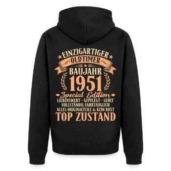 1951 Baujahr Oldtimer 75. Geburtstag Geschenkidee - Unisex Premium Bio Zip Hoodie - Schwarz - Hinten - Nico (187cm)