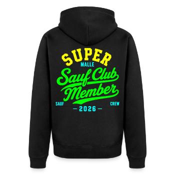Malle 2026 Sauf Club Member Mallorca 2026 - Unisex Premium Bio Zip Hoodie - Schwarz - Hinten - Nico (187cm)
