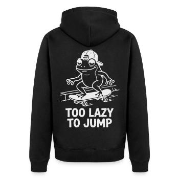 Too Lazy to Jump Lustiger Frosch Chillout - Unisex Premium Bio Zip Hoodie - Schwarz - Hinten - Nico (187cm)