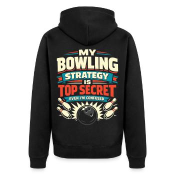 Bowling Strategie - Unisex Premium Bio Zip Hoodie - Schwarz - Hinten - Nico (187cm)