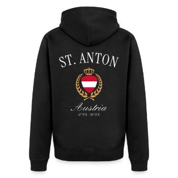 St. Anton am Arlberg Österreich – Reise Souvenir - Unisex Premium Bio Zip Hoodie - Schwarz - Hinten - Nico (187cm)