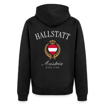 Hallstatt Österreich Wappen Krone – Reise Souvenir - Unisex Premium Bio Zip Hoodie - Schwarz - Hinten - Nico (187cm)