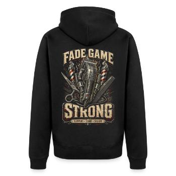 Barber Barbier Fade Game Strong - Unisex Premium Bio Zip Hoodie - Schwarz - Hinten - Nico (187cm)