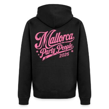 Malle 2026 Mallorca Party People 2026 - Unisex Premium Bio Zip Hoodie - Schwarz - Hinten - Nico (187cm)