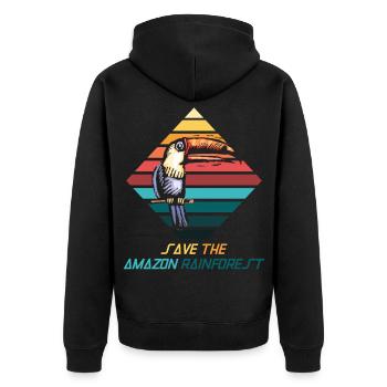 Sava – Save the rainforest - Unisex Premium Organic Zip Hoodie - black - Back - Nico (187cm)