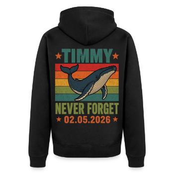 Timmy Wal Never Forget 02.05.2026 Shirt - Unisex Premium Bio Zip Hoodie - Schwarz - Hinten - Nico (187cm)