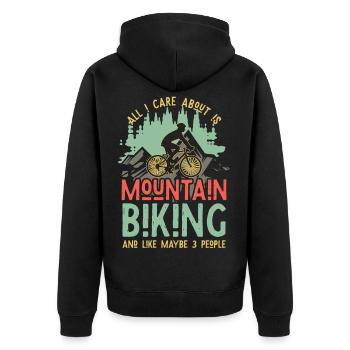 MTB Dad Spruch – All I Care About Biking and maybe - Unisex Premium Bio Zip Hoodie - Schwarz - Hinten - Nico (187cm)
